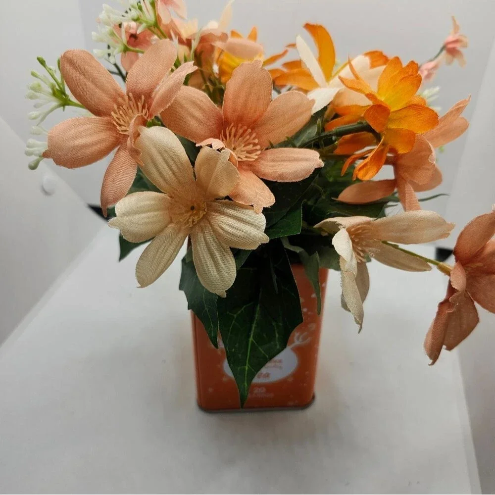 Hand Crafted Floral Table Centerpiece Spring Peach Dairy Tea Tin
